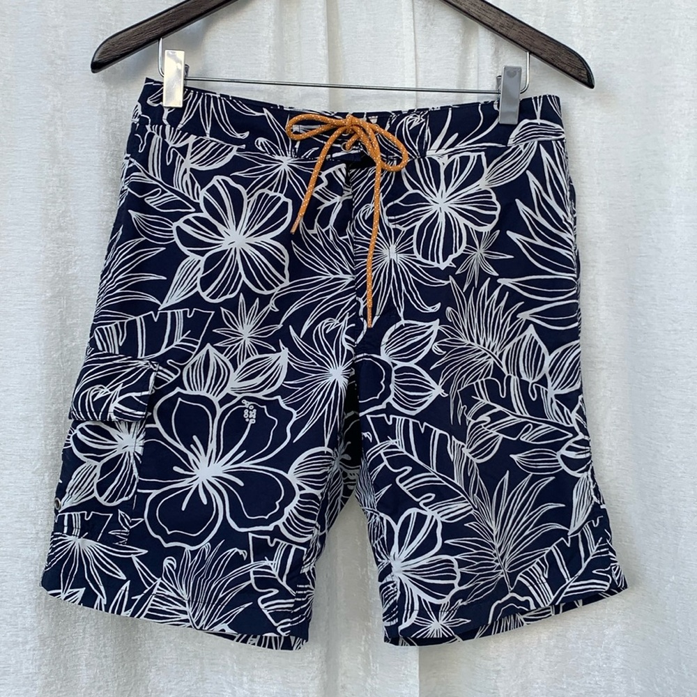 J. Crew Navy Blue Hawaiian Floral Trunks Board Shorts